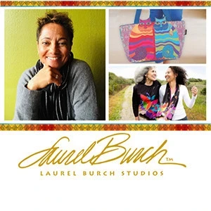 Aarin Burch of Laurel Burch Studios and signature designs on tote bags and shirts
