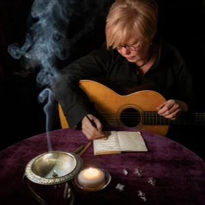 Pam Rose composing music, guitar on lap, and incense burning on table